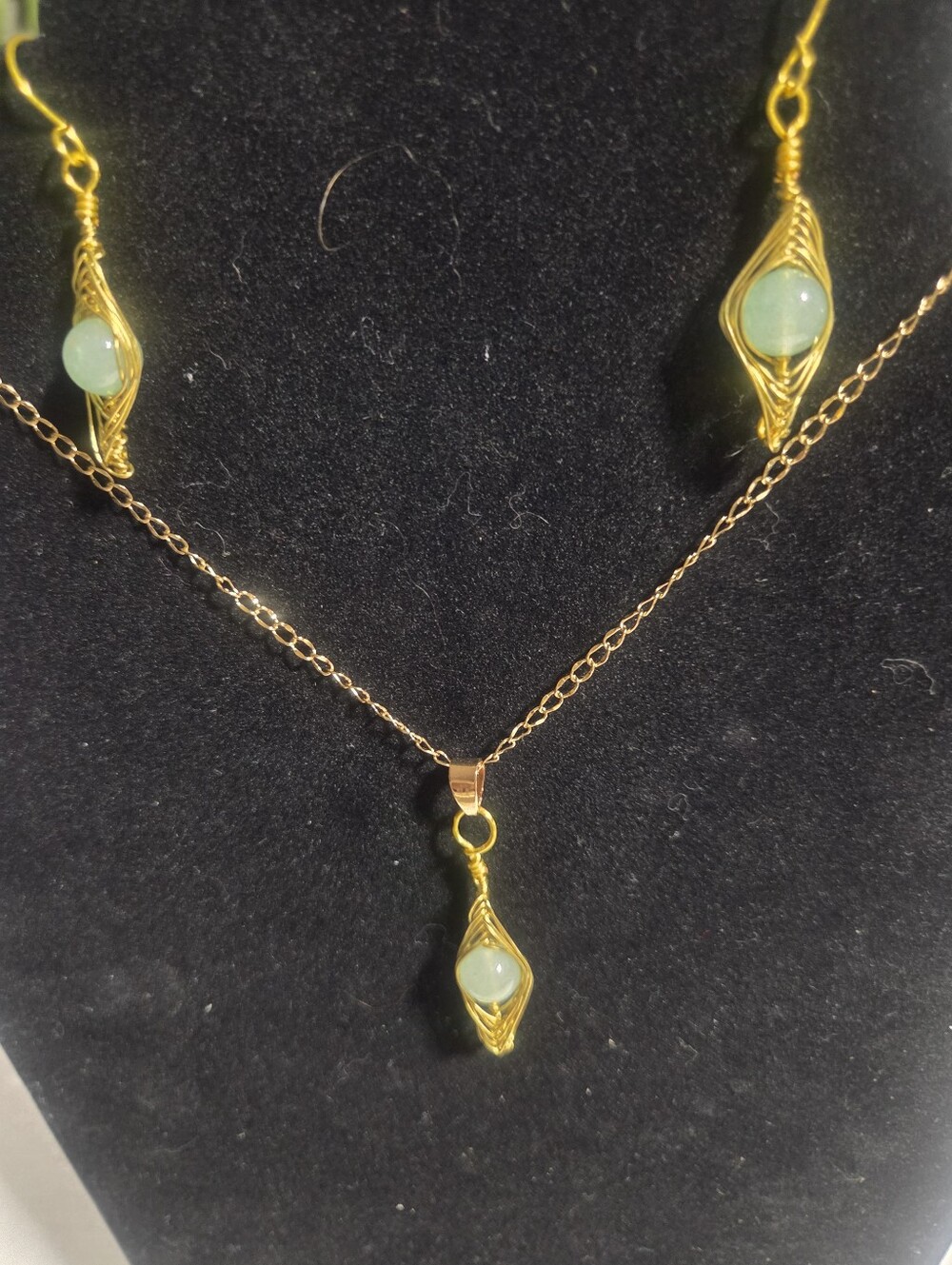 Handcrafted Gold Wire-Wrapped Green Aventurine Necklace and Earrings Set
